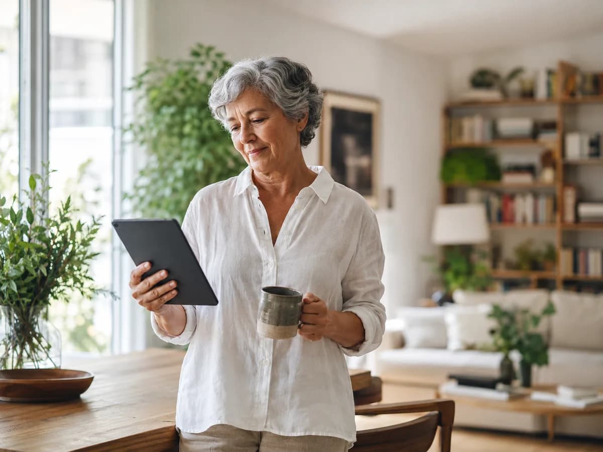 Mulher a consultar a GERAS num tablet, em casa, ao início da manhã
