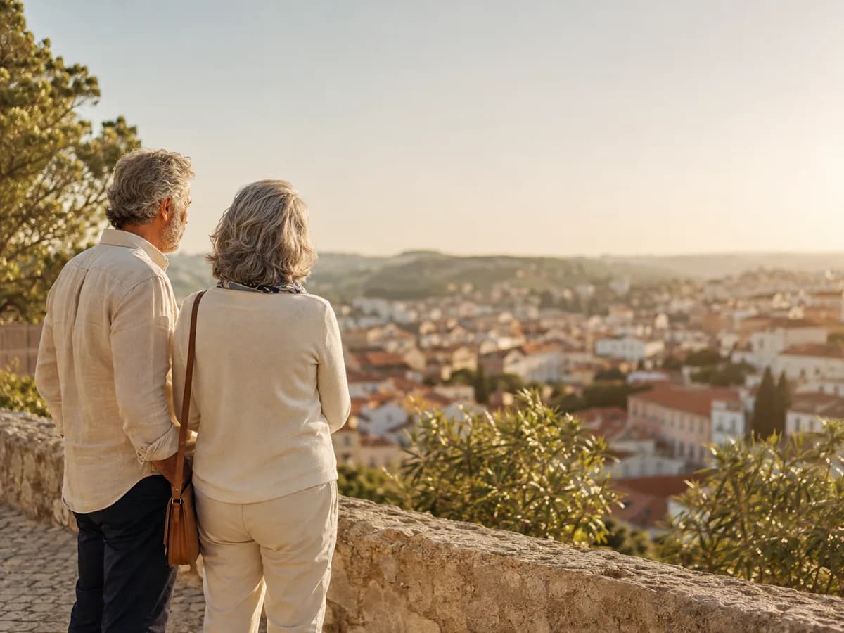 Casal num miradouro a olhar a cidade ao fim da tarde