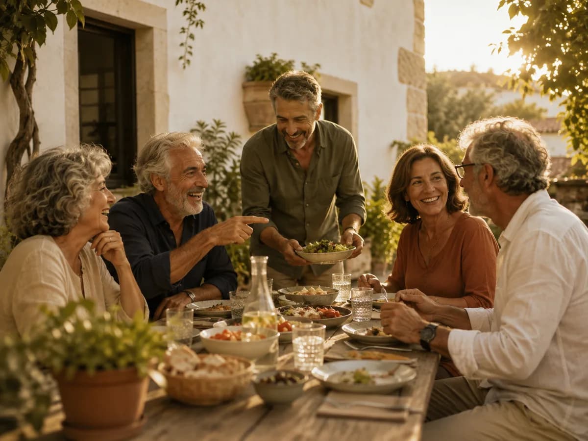 Grupo de amigos à volta de uma mesa comprida, num pátio ao fim da tarde