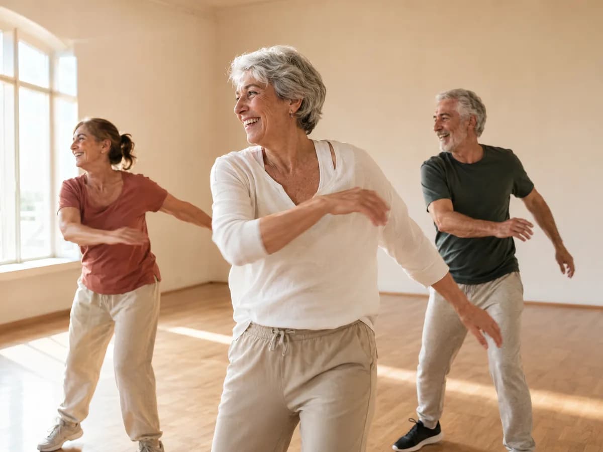 Três pessoas numa aula de dança, em movimento